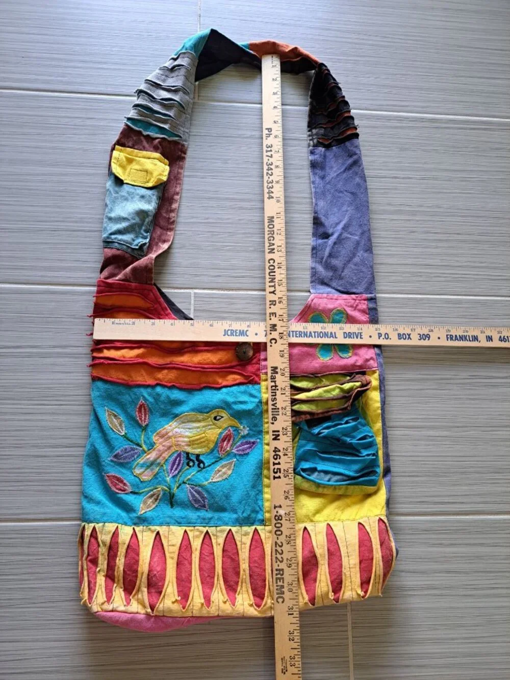 Colorful Patchwork Hobo Bag Embroidered Bird & Flower Pockets Boho Gypsy Hippie